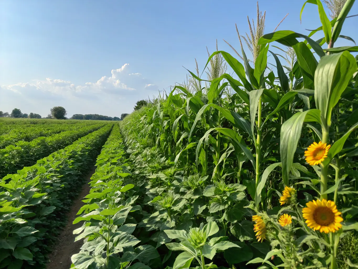 A diverse range of crops growing in a field, showcasing the overall health and productivity achieved through Green Africa's sustainable agricultural solutions. The image should represent the holistic benefits of our approach.