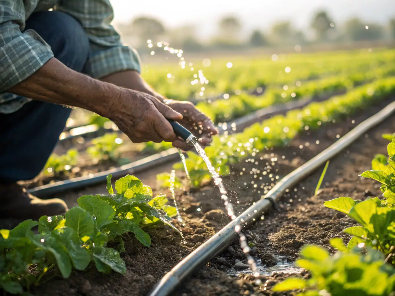 A farmer using a drip irrigation system in a field, demonstrating effective water conservation practices. The image should highlight the efficiency and sustainability of modern irrigation techniques.