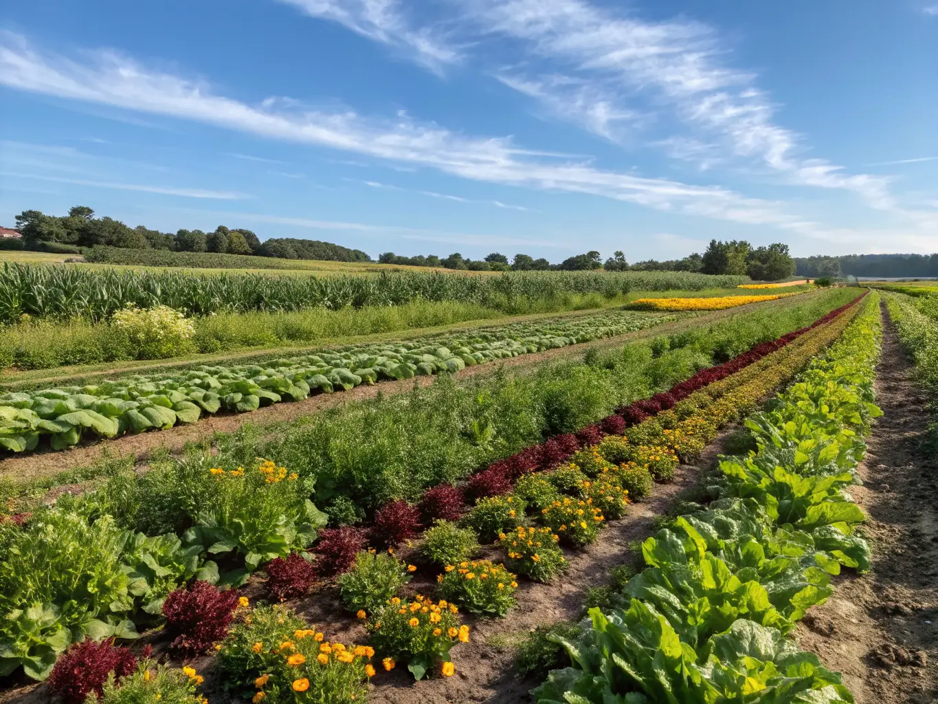 A vibrant field of crops thriving with the use of organic fertilizers, showcasing the lush green growth and healthy plants. The image should convey the effectiveness and environmental benefits of organic fertilizers in agriculture.