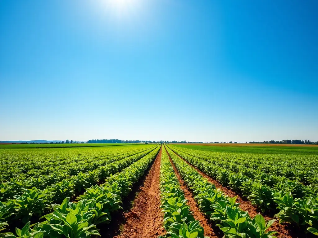 A lush green field showcasing healthy crops grown using Green Africa's organic fertilizers, with farmers tending to the plants.
